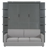 Murphy Bed Cabinet Queen Size with Sofa, Queen Murphy Bed with Couch, Adult Wall Murphy Queen Size Bed Frame with Storage Shelves and LED Lights, Grey Merax