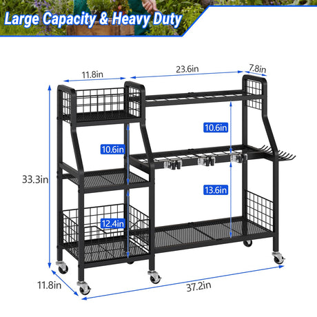 keomaisyto Garden Tool Organizer with 6 Wheels(3 lockable), Heavy Duty Yard Tool organizer with 2 Basket, Large Metal Garage Tool Organization and Storage for Garage/Shed/Yard/Broom Closet/Lawn keomaisyto