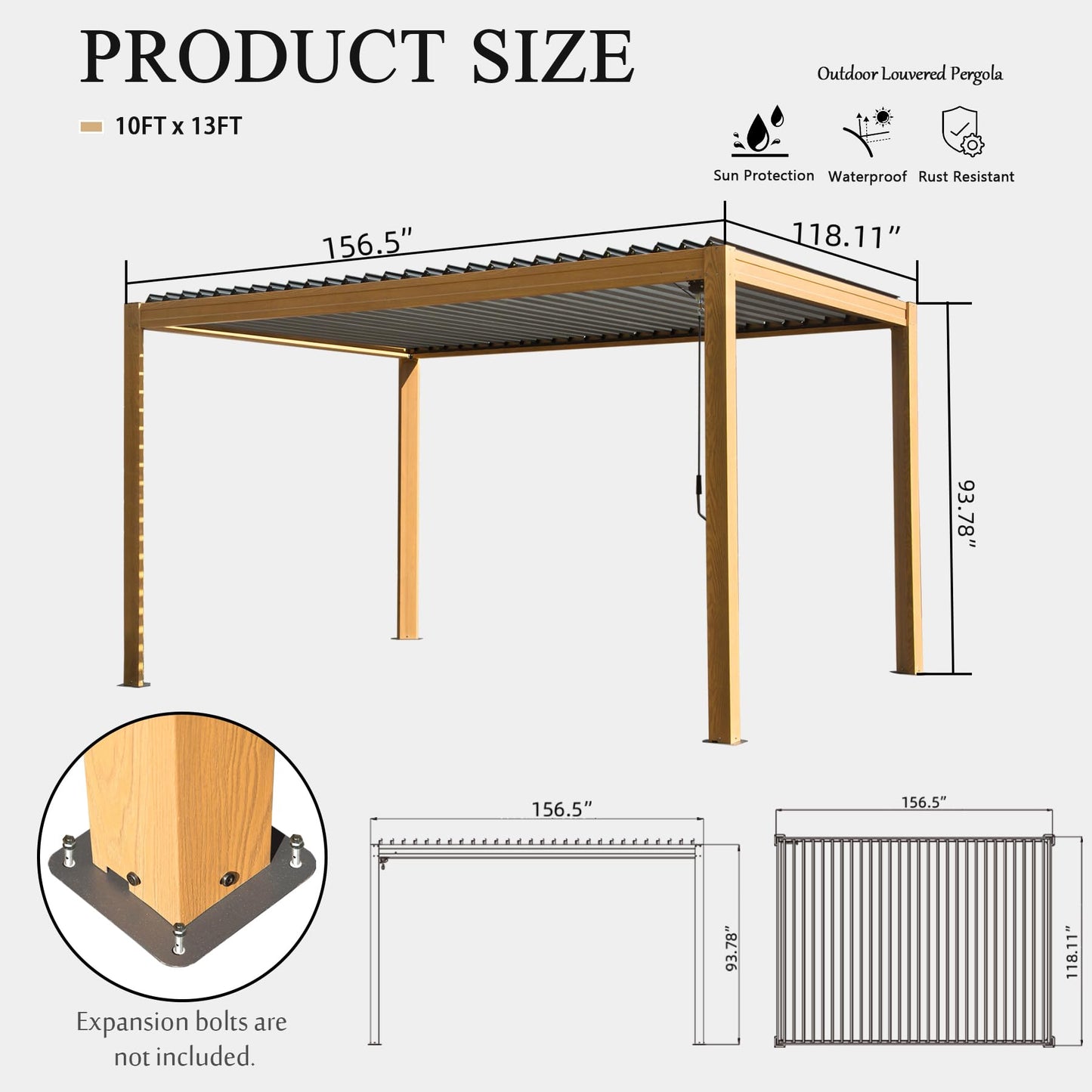 Domi Louvered Pergola 10x13FT, Outdoor Wood Grain Pergola Aluminum Frame with Adjustable Rainproof Metal Roof, Permanent Sun Shade with Drainage System for Deck Garden Yard