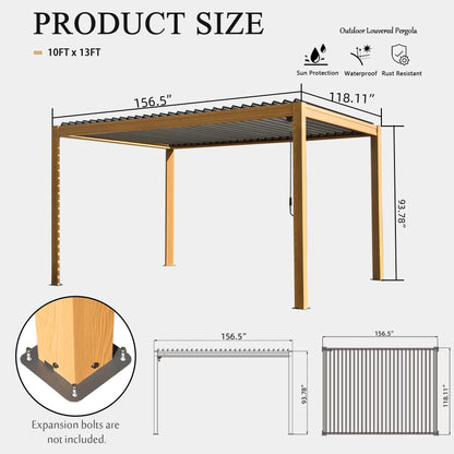 Domi Louvered Pergola 10x13FT, Outdoor Wood Grain Pergola Aluminum Frame with Adjustable Rainproof Metal Roof, Permanent Sun Shade with Drainage System for Deck Garden Yard