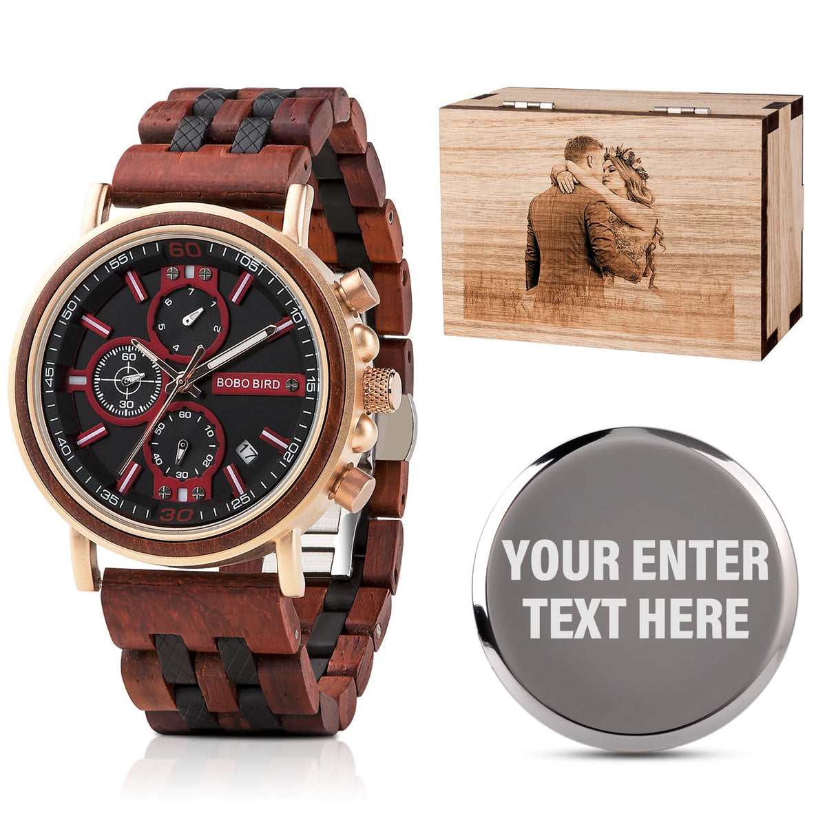 2win Mens Engraved Wooden Watch Personalized Watch Customized Family Watch for Boyfriend Fiancé Husband Dad Son Wood Wrist Watch for Birthday Anniversary Christmas Watches (Custom Box Photo) 2win