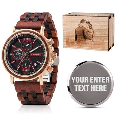 2win Mens Engraved Wooden Watch Personalized Watch Customized Family Watch for Boyfriend Fiancé Husband Dad Son Wood Wrist Watch for Birthday Anniversary Christmas Watches (Custom Box Photo)