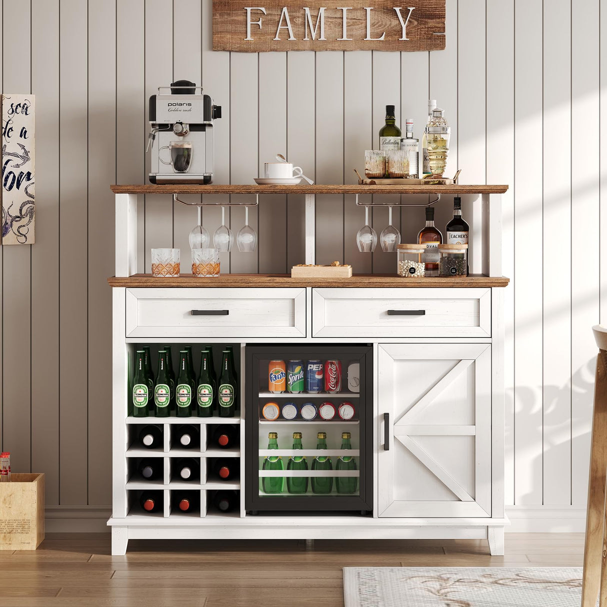AMERLIFE 47" Farmhouse Coffee Bar Cabinet with 15" Refrigerator & Wine Rack & Glass Holder, Wine Cabinet with Storage Drawers & Open Shelves, Sideboard Buffet Cabinet for Dinging Room, Living Room AMERLIFE