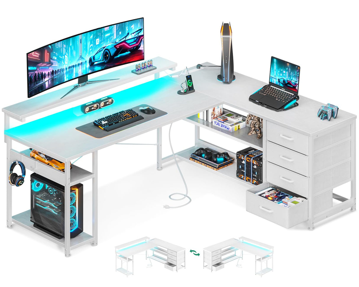 AODK 61" L Shaped Desk with Drawer, Computer Desk with Power Outlets & LED Lights, Reversible Corner Gaming Desk for Home Office Workstation, Office Desk with Monitor Shelf, Pure White AODK
