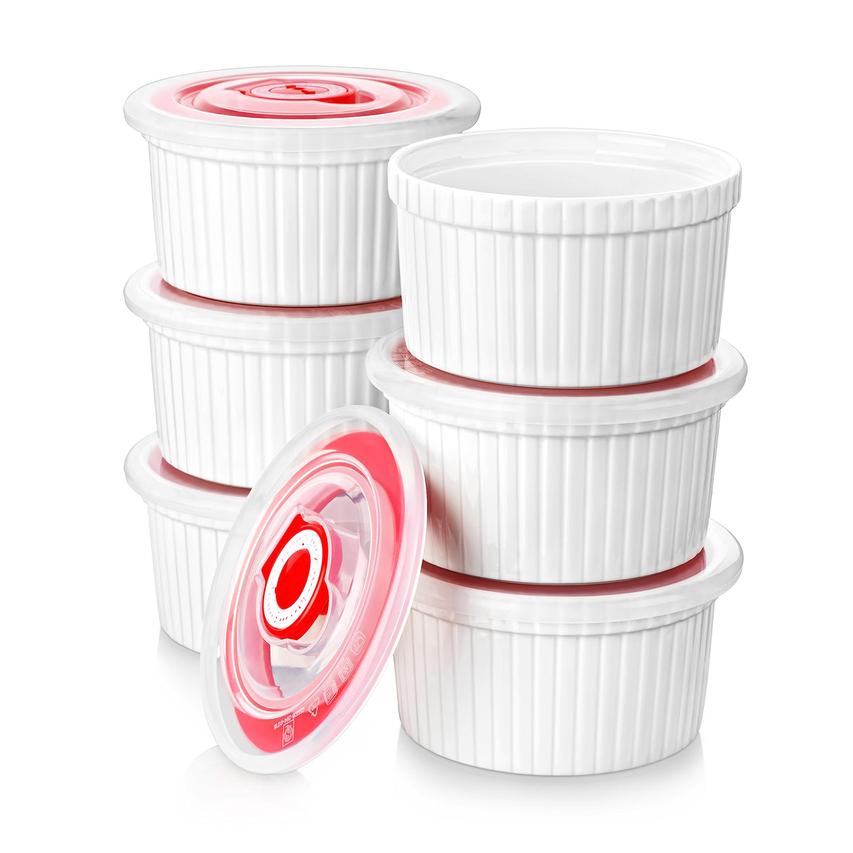 MALACASA Ramekins with Lids 8 oz - Set of 6, White Porcelain Creme Brulee Souffle Ramekins with Covers, Ceramic Custard Cups for Baking, Dishwasher and Oven Safe, Series RAMEKIN-DISH MALACASA