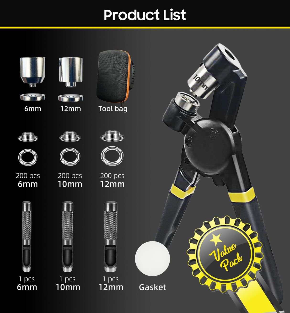 HAPDEN Grommet Tool Kit 1/2 1/4 3/8 Multi-Size Hole Punch, 600 Pcs Heavy Duty Grommets Tool Kit, Eyelets and Grommets for Tarps, Fabric Rings, Leather, Tents, Vinyl, Canvas and so on HAPDEN