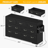 DWVO Farmhouse 7 Drawer Dresser for Bedroom, 59" Wide Large Modern Dresser TV Stand with Drawers & Bar Handles, Storage Dressers with Power Outlets, Rustic Wood Chest of Drawers, Black DWVO