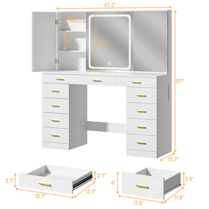 Vanity Desk with Mirror and Lights, 47.2" Makeup Vanity with 11 Storage Drawers and Hidden Storage Shelves, White Vanity with Charging Stations & 3 LED Lighting Modes Adjustable, for Bedroom