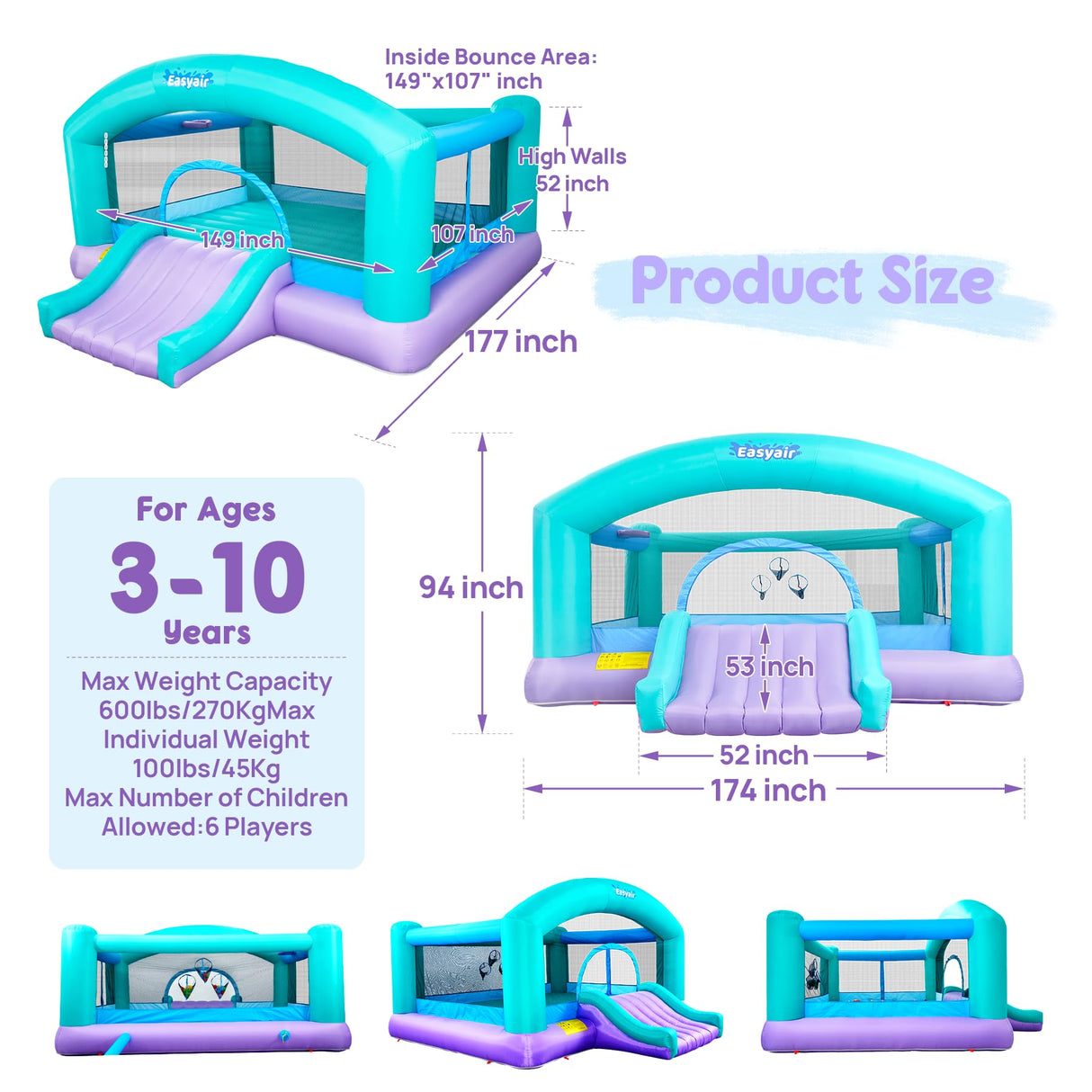 Easyair Large Bounce House for Big Kids, 14.8 x 14.5 FT Inflatable Bouncer Jumper Slide with 650W Blower, Basketball Hoop, Throw Ball Game, Ball Pits (Green, 177" L x 174" W x 94" H) Easyair