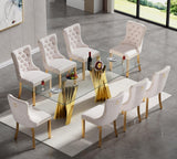 SSLine Modern 9-Piece Glass Dining Table Set for 8 Luxury Gold Glass Kitchen Table and Chair Set for 8 Elegant 70" Large Dining Room Table with 8 Beige Tufted Chairs with Stainless Steel Base SSLine
