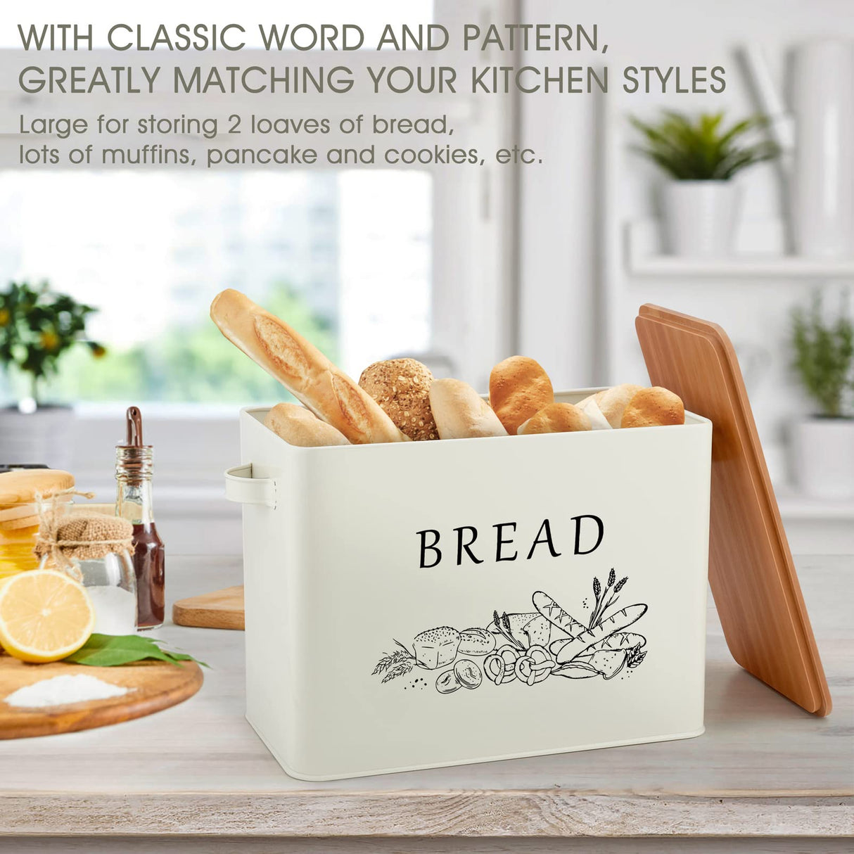TeamFar Bread Box with Wooden Lid, 13.1” x 7.2” x 9.7” Bread Container Storage Holder for Family Farmhouse Kitchen Countertop, Powder-Coated & Healthy, Large Capacity & Classic Pattern (Off White) TeamFar