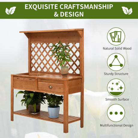 Outsunny Garden Potting Bench, Outdoor Wooden Workstation Table w/Metal Screen, Drawer, Hooks, Storage Shelf, and Lattice Back for Patio, Backyard and Porch Outsunny