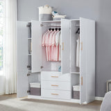 ModMakers 74.2"H Wooden 4 Doors 3 Drawers White Wood Wardrobe Closet Armoire Freestanding Closet Cabinet for Bedroom Bathroom Clothes Storage Closet Wardrobe with Hanging Rod, Wooden Clothes Organizer ModMakers