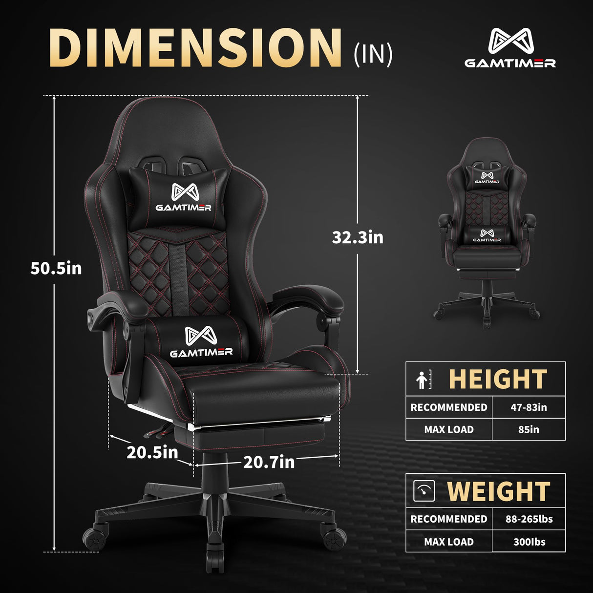 Gaming Chair, Computer Office Chair with Footrest, 155° Reclining Chair, Ergonomic High Back Computer Chair with Headrest and Lumbar Support for Adults and Kids (Black) Gamtimer
