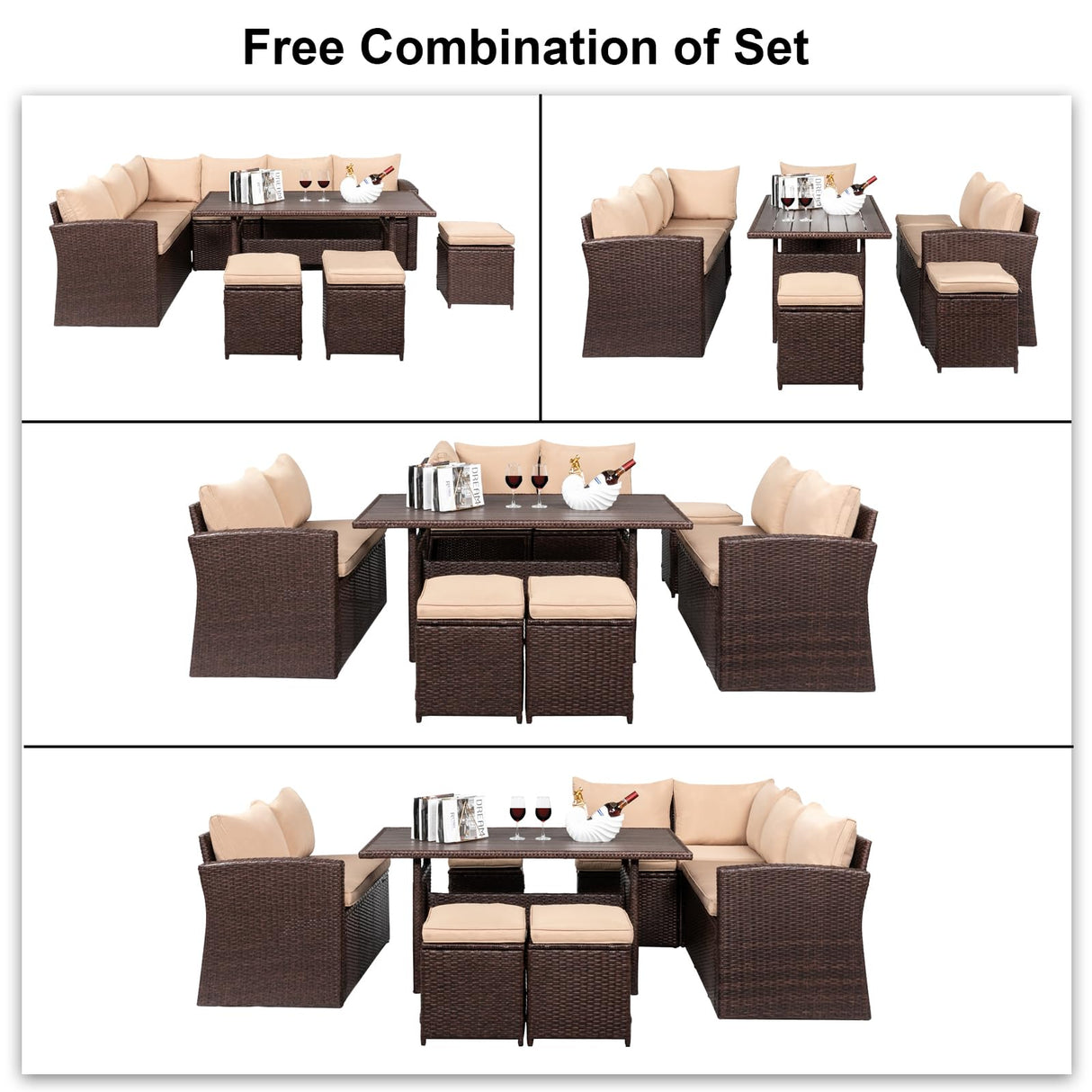 VINGLI 8 Pieces Outdoor Patio Furniture Set with Dining Table&Chairs, Wicker Patio Dining Set for 8, All Weather Outdoor Sectional Sofa Conversation Set with Ottoman VINGLI