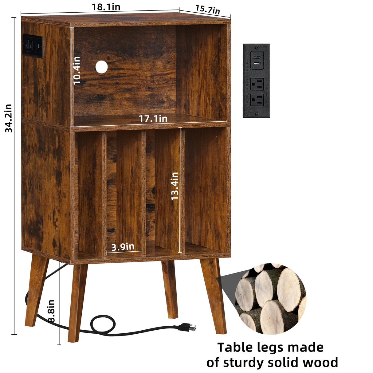 Lerliuo Record Player Stand with Charging Station, Brown Turntable Stand Holds up to 160 Albums, Mid-Century Vinyl Storage Cabinet Table with Wood Legs, Record Holder Dispaly Shelf for Living Room Lerliuo