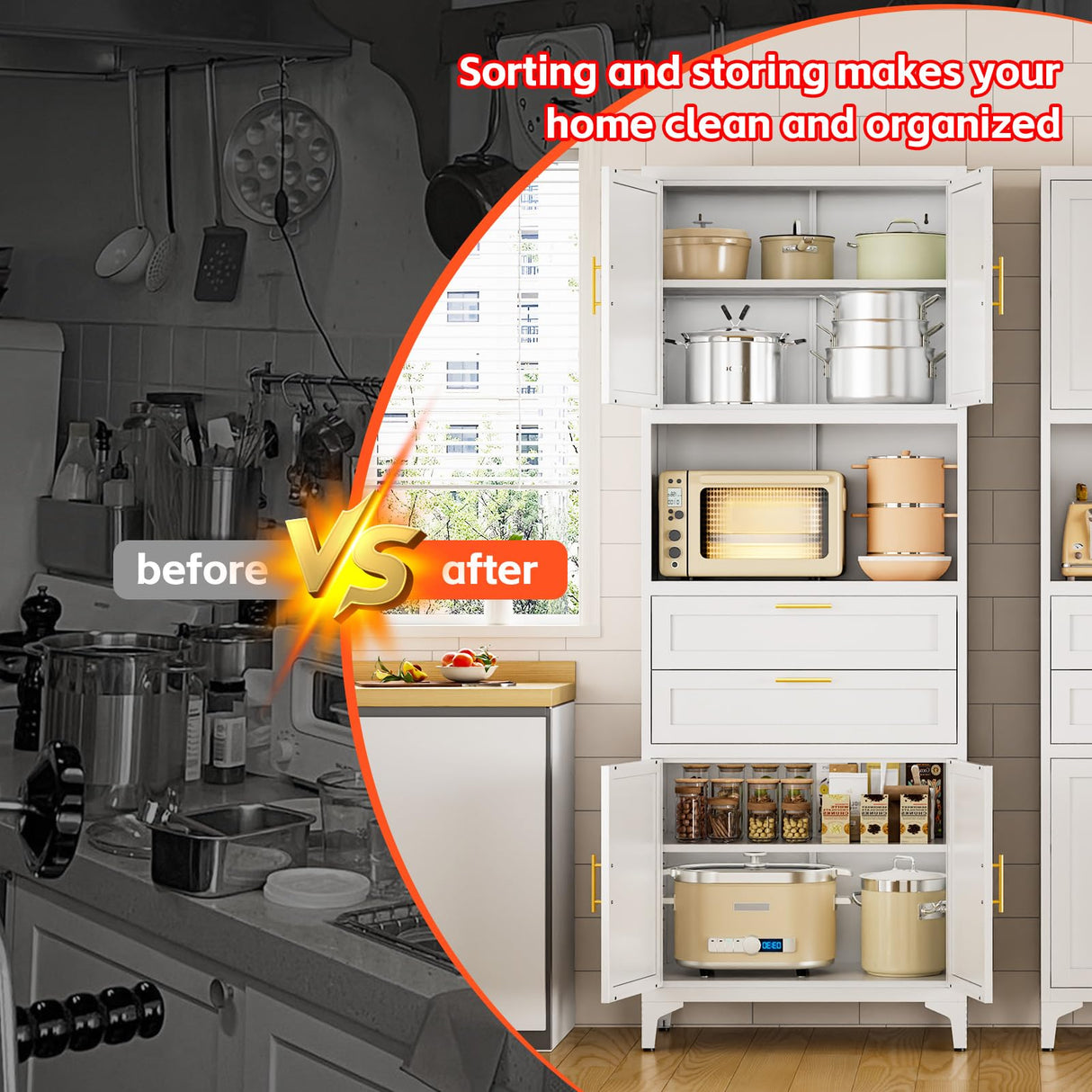 steelftyn 75" Pantry Storage Cabinet, Metal Storage Cabinet with 4 Doors, 2 Drawers, 3 Adjustable Shelves, White steelftyn