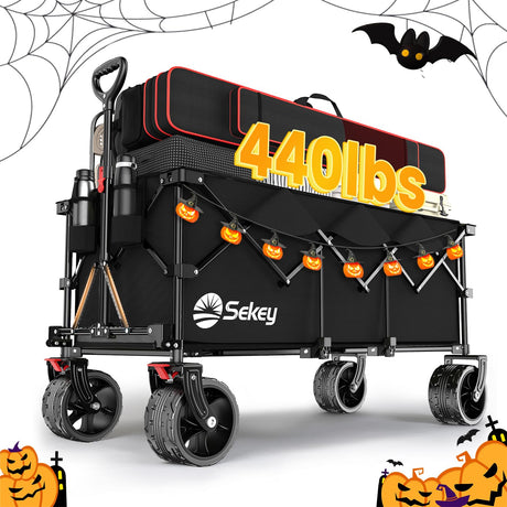 Sekey 48''L Collapsible Foldable Extended Wagon with 440lbs Weight Capacity, Heavy Duty 300L Folding Utility Garden Cart with Big All-Terrain Beach Wheels & Drink Holders. Black Sekey