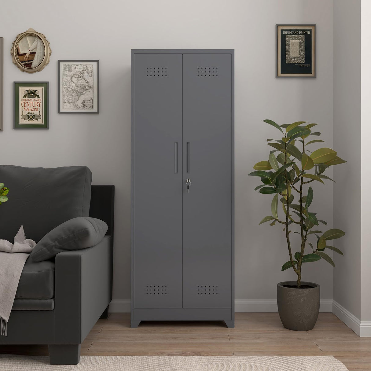 FATIGOS 65''H Broom Closet Storage Cabinets, Metal Utility Closet Storage Cabinet, Indoor Cleaning Cabinet with Adjustable Shelves and S-Hooks for Bathroom,Garage FATIGOS