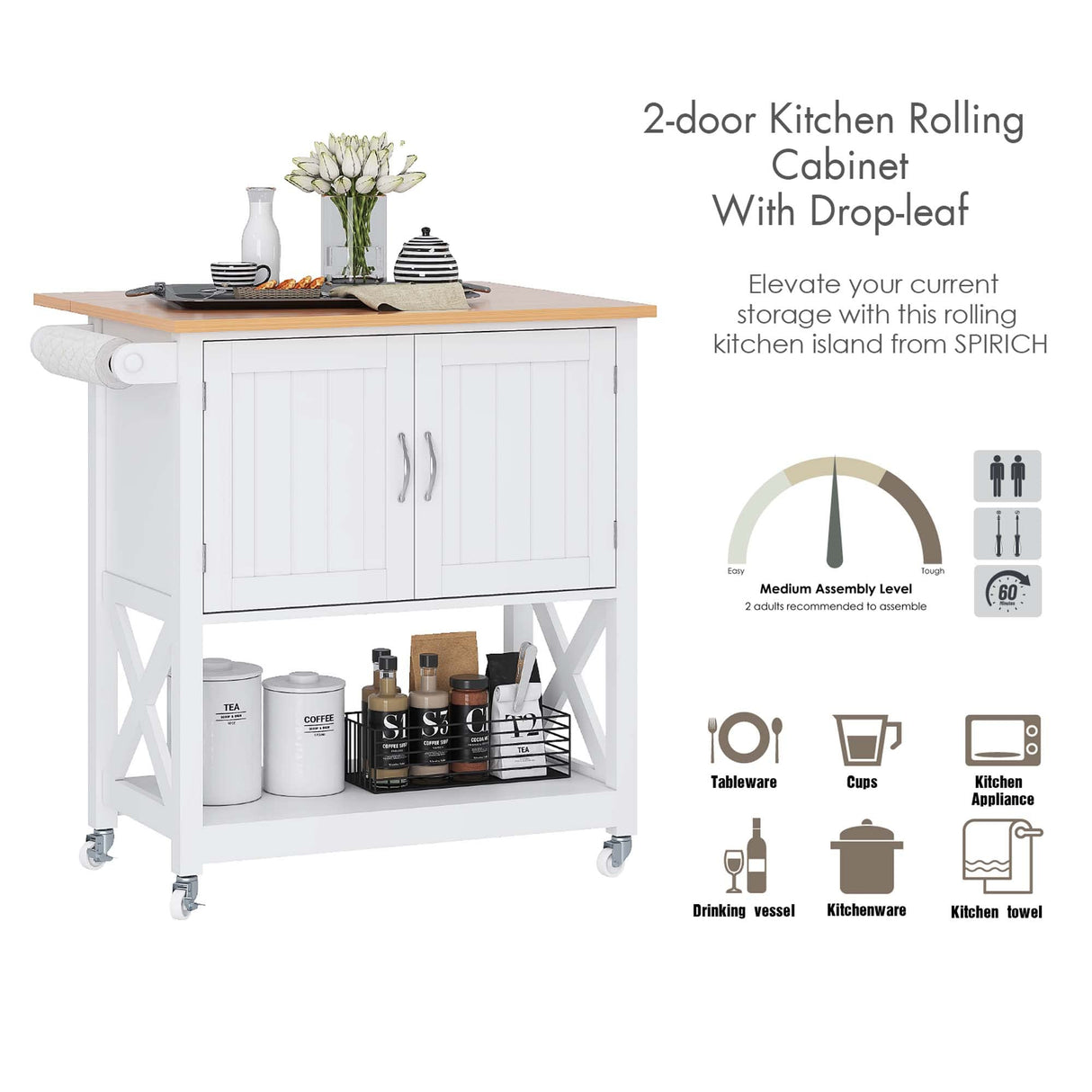 Spirich Kitchen Island on Wheels, Rolling Kitchen Cart with Storage Cabinet, Small Kitchen Island with Drop Leaf and Towel Rack for Dining Room, White Spirich