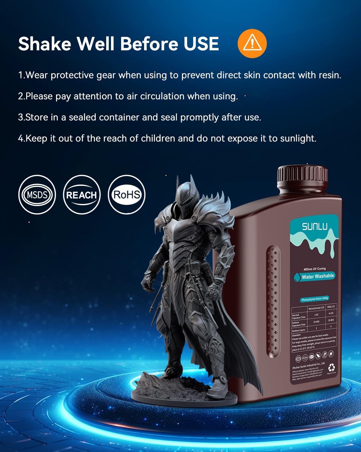 SUNLU Water Washable 3D Printer Resin 3kg, Large Bottle Water Washable Resin for Most Resin 3D Printers, 395 to 405nm UV Curing 3D Printing Liquid Photopolymer Resin, 3000g, Grey SUNLU