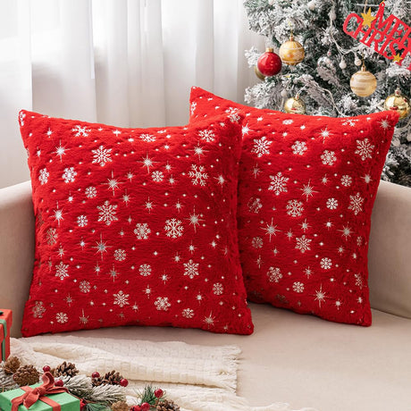 MIULEE Set of 2 Christmas Decorative Throw Pillow Covers Soft Faux Fur Winter Pillow Covers with Silver Snowflake Glitter Holiday Festival Pillowcases for Couch Sofa Bed, 18×18inch, Red MIULEE