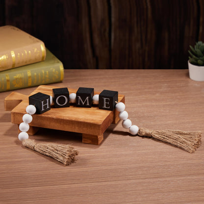 Soonow Wood HOME Sign Block & Bead Garland with Jute Tassel for Home Decor, Modern Farmhouse Decoration for Tabletop, Mantel, Shelf, Tiered Tray Decor (Black) - WoodArtSupply