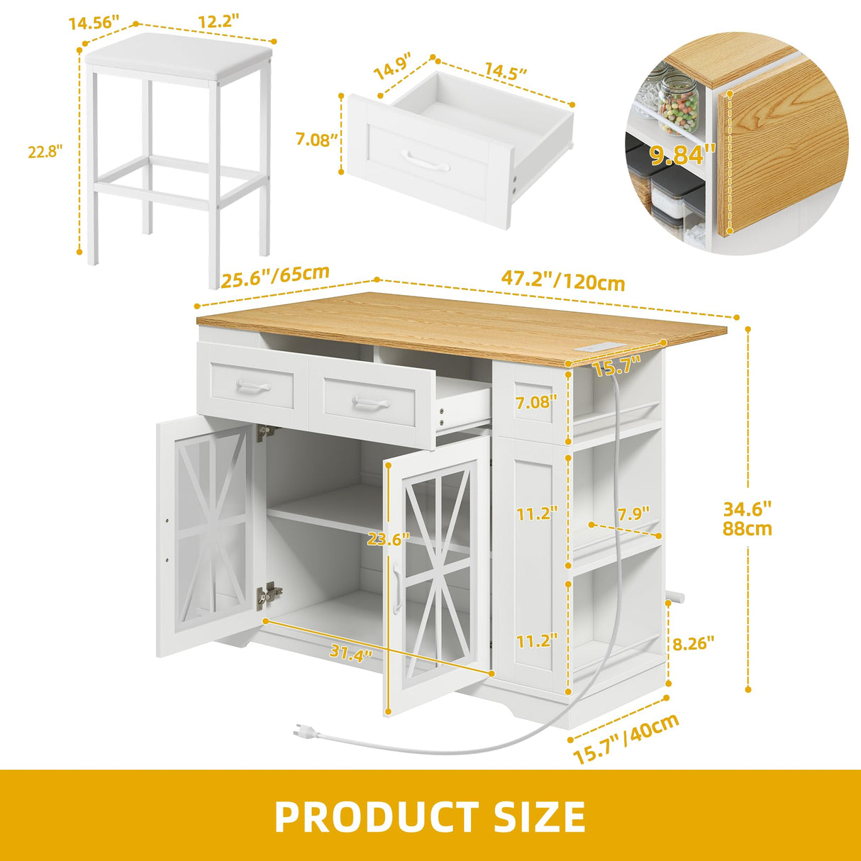 DWVO Kitchen Island Set with 2 Stools and Drop Leaf 3 Piece Kitchen Dining Table Set, 47 Inch Kitchen Island with Seating, Storage Cabinet on Wheels with Power Outlet, Spice Rack (White Oak) DWVO