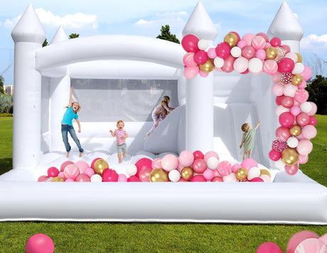 15x15FT White Bounce House for Kids Adults, with Slide & Ball Pit, (Commercial Grade Heavy Duty PVC) (1100W Blower), Large Jumper Bouncy Inflatable Castle, Wedding, Birthday Party, Baptism, 15x15x10ft Okayego