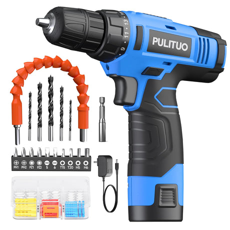 PULITUO 12V Blue Cordless Drill Set Power Drill Kit with Battery and Charger,electric drill home improvement,3/8-Inch Keyless Chuck,Built-in LED,21+1 Torque Setting small drill PULITUO