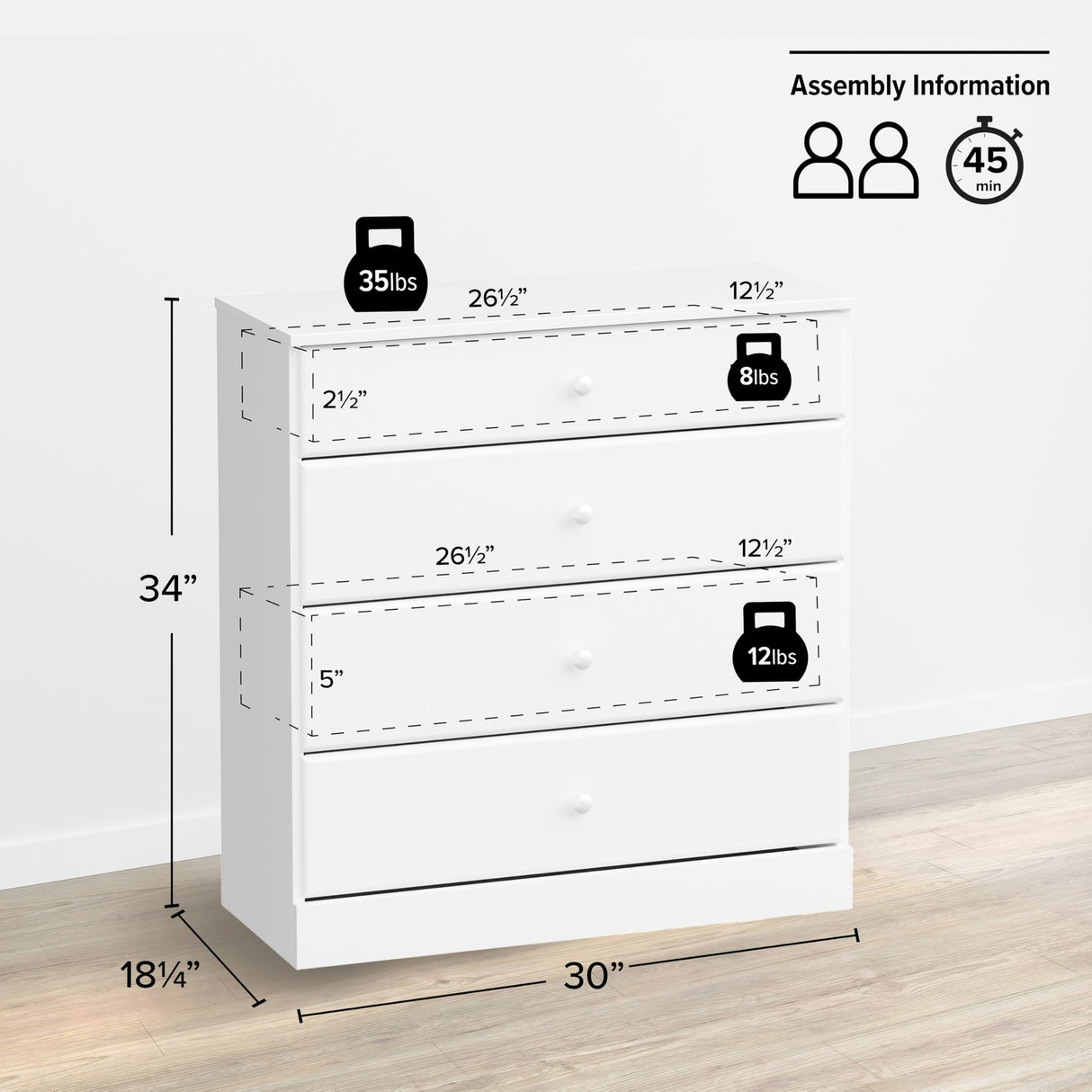Prepac Astrid Simplistic 4-Drawer Dresser for Bedroom, Functional Bedroom Dresser Chest of Drawers 16" D x 30" W x 36.25" H, White, WDBR-0401-1 Prepac