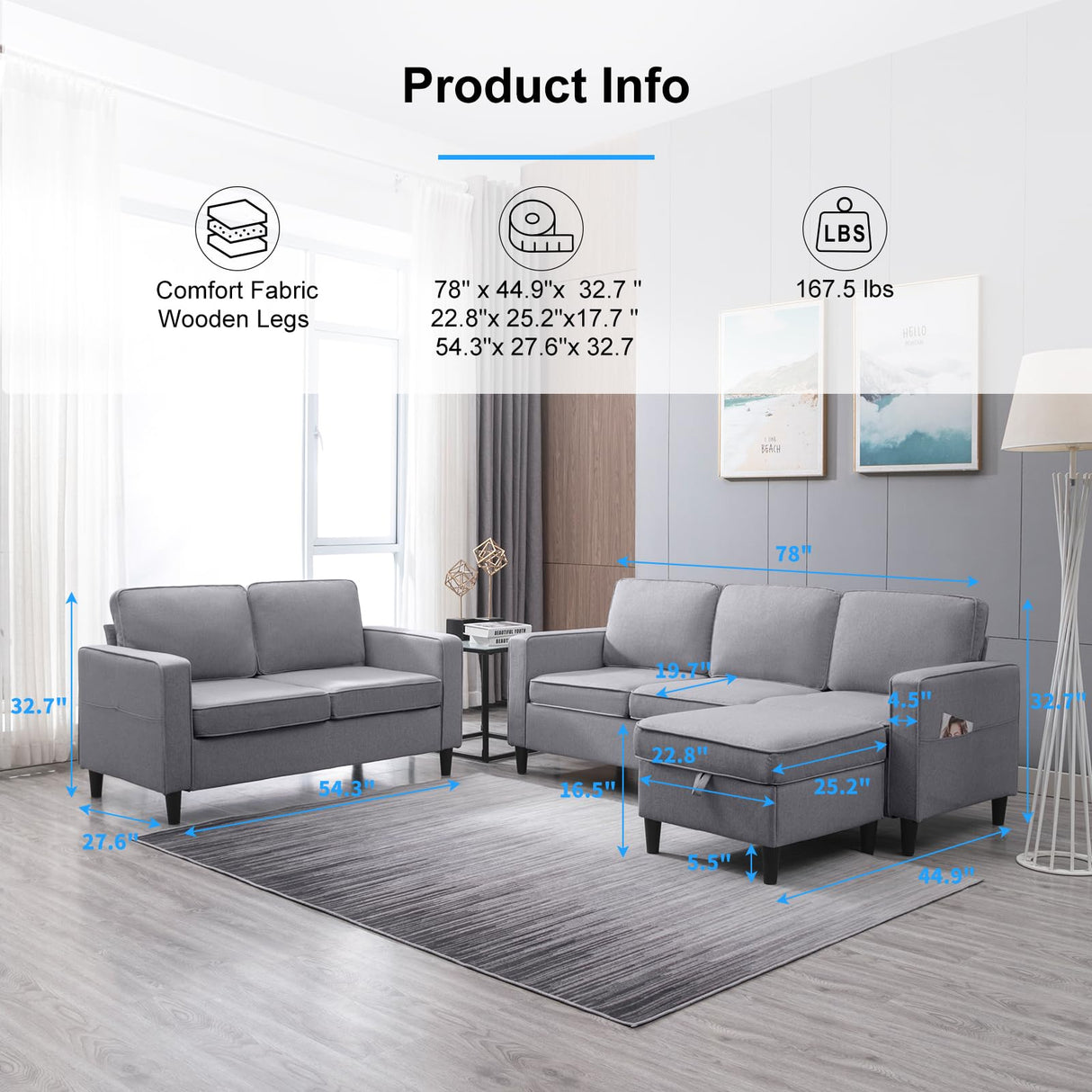 PUREMIND 2Piece Sofa Set for Living Room, Modural Convertible Loveseat and Sofa Set, Modern Linen Fabric L Shaped and Loveseat Sofa Set of 2, Sectional Sofa Couches Set for Apartment PUREMIND