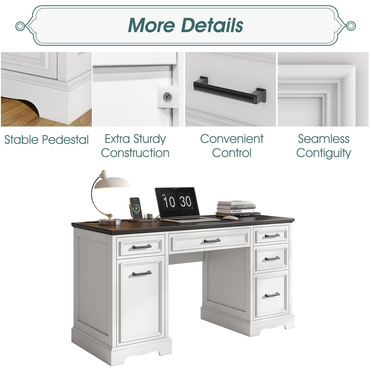 Fynar White Farmhouse Executive Desk with Drawers and Charging Station, 55.1" Wood Home Office Desk with Storage Cabinet,Morden Solid Computer Writing Desk for Study Work Table for Home Office (White) Fynar