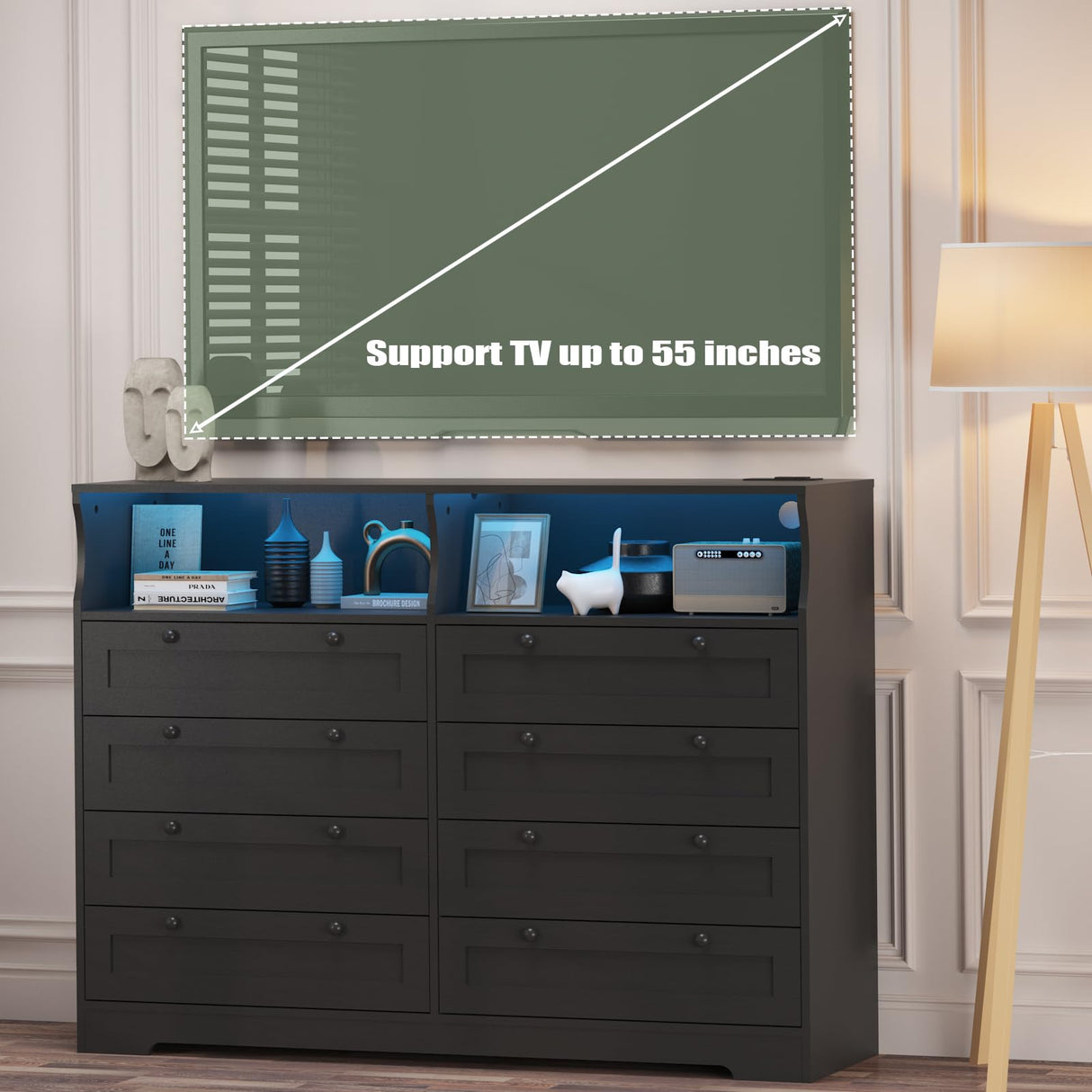 GarveeHome 55" W Black Dresser for Bedroom, 8 Drawer Dresser with Led Lights and Charging Station, Large Chest of Drawers Storage Organizer with Storage Shelves for Living Room, Entryway GarveeHome