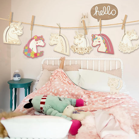 UR URLIFEHALL 24 Pcs Unfinished Wood Unicorn Cutouts Wood Frame Embellishments for Tag Decoupage DIY Scrapbooking Card Making Painting Crafts UR URLIFEHALL