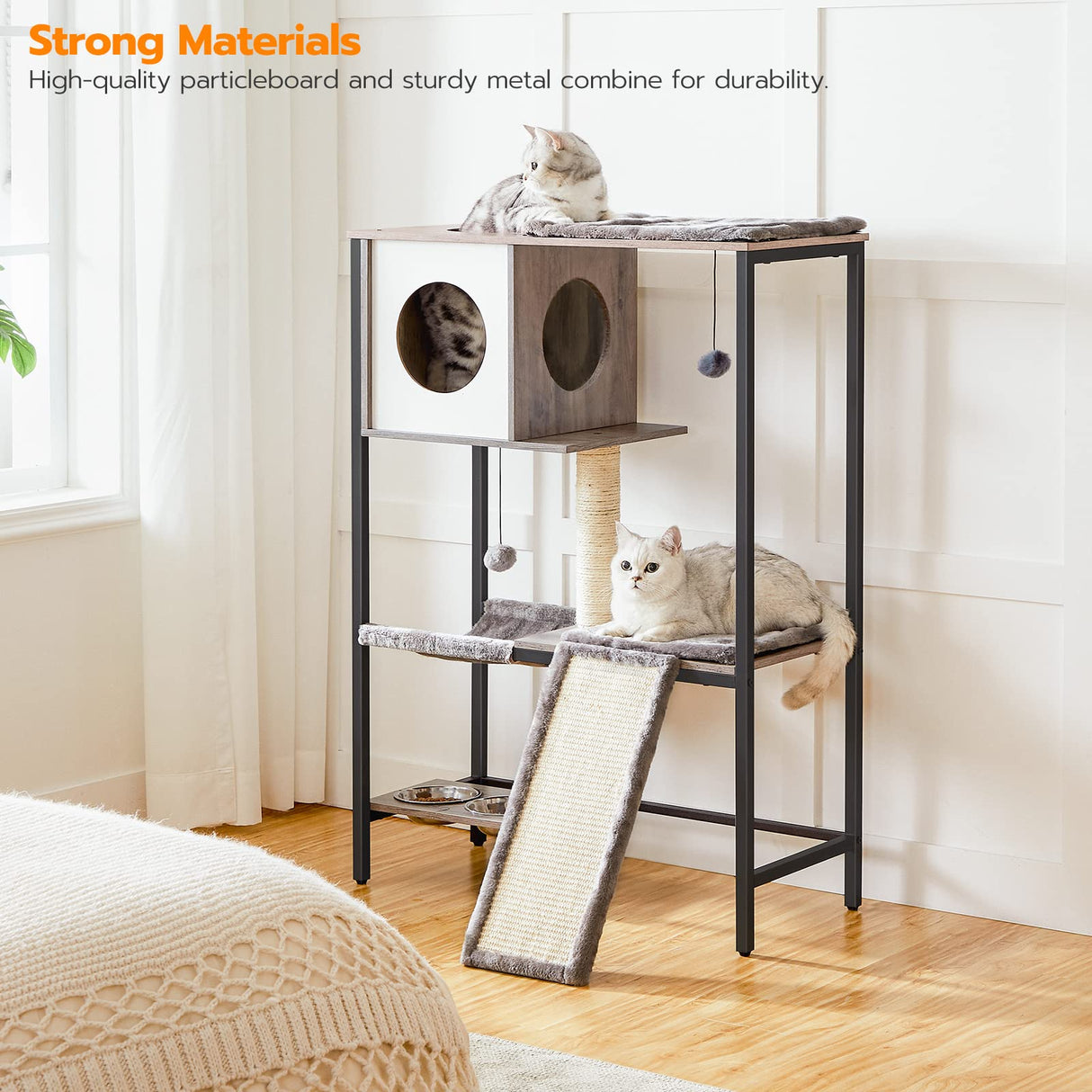 HOOBRO Wooden Cat Tree, Versatile Cat Tower with Scratching Post, Cat Hammock and Food Bowls, 4-Tier Pet House for Indoor Cats, Multi-Cat Families, Greige BG34MZ03 HOOBRO