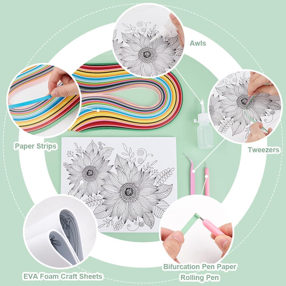 PH PandaHall Paper Quilling Kit 360pcs Paper Quilling Strips Sunflower Quilling Pattern Template Board Quilling Patterns DIY Crafts Set for Beginner Adults 9.6x8.2in PH PandaHall