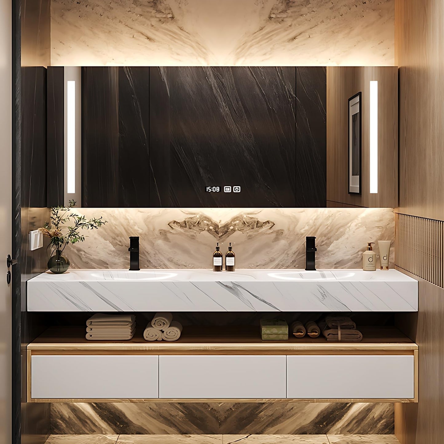 ZGNBSD Bathroom Vanity with Sink - Floating Bathroom Vanity | LED Smart Defogging Medicine Cabinet Included | Solid Wood Modern Bathroom Vanity | Wall Mounted (Double Sink,60")