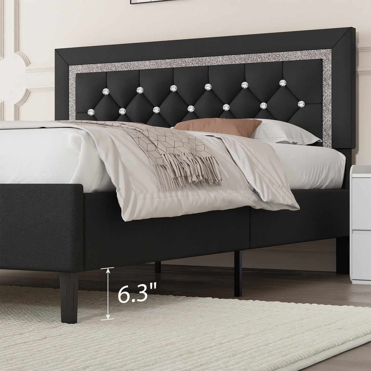 BarnFurin Queen Bed Frame with Tufted Button Headboard, Upholstered Platform Bed Frame with Diamond Design, Strong Wood Slat Support, No Box Spring Needed, Easy Assembly, Black BarnFurin