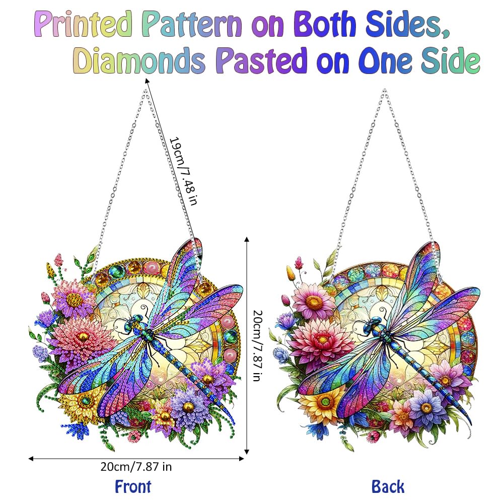 Koikify Diamond Painting Kits Hanging Pendant, Flower & Dragonfly Crystal Diamond Art Hanging Sign, Double-Sided Pattern Craft Ornament for Home Decoration and Gift Koikify
