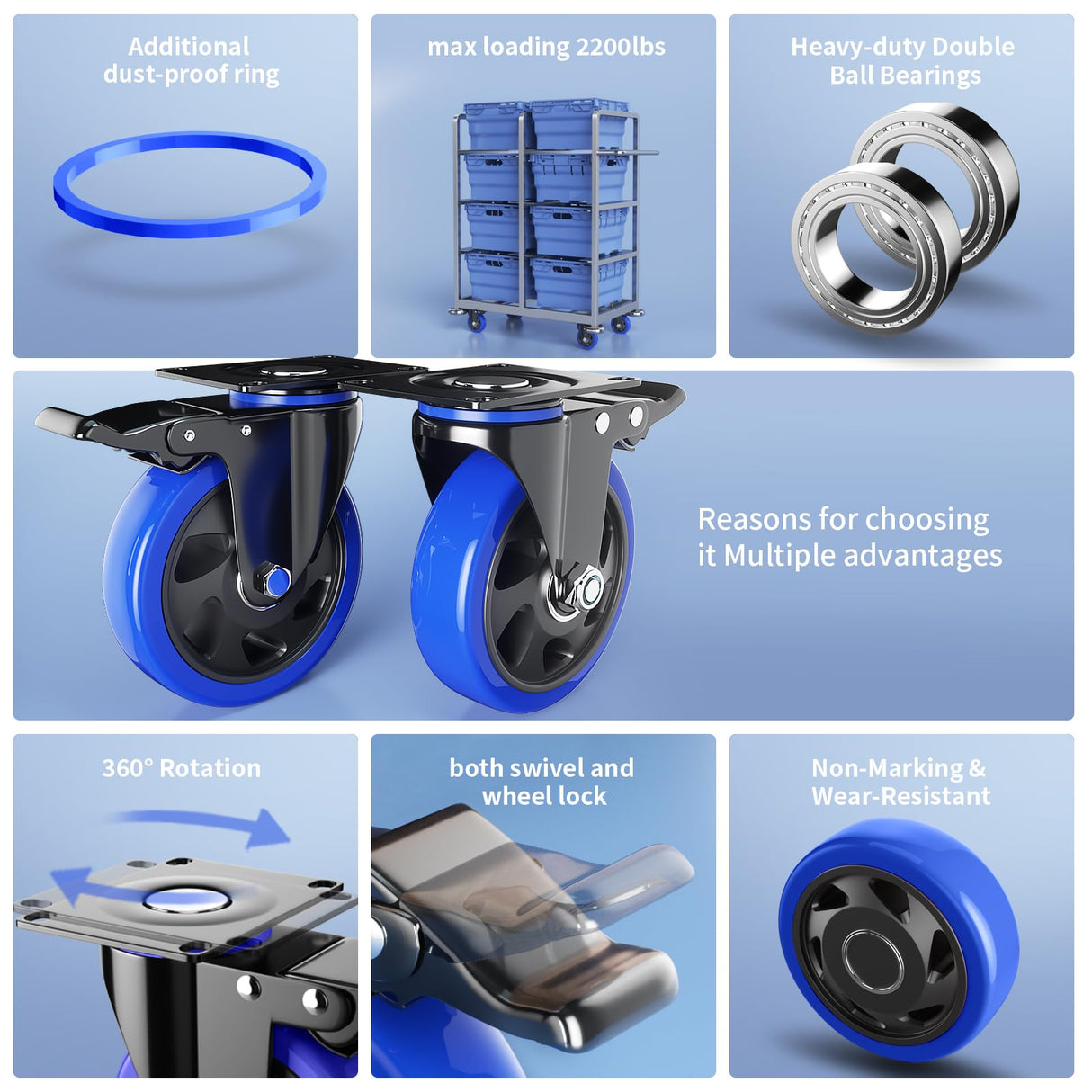 6 Inch Swivel Caster Wheels, Casters Set of 4 Heavy Duty with Brakes, Plate Casters No Noise Locking Castor with Polyurethane Wheels for Cart, Furniture,Workbench,Cabinet(Two Hardware Kits Include) WOZESEIK