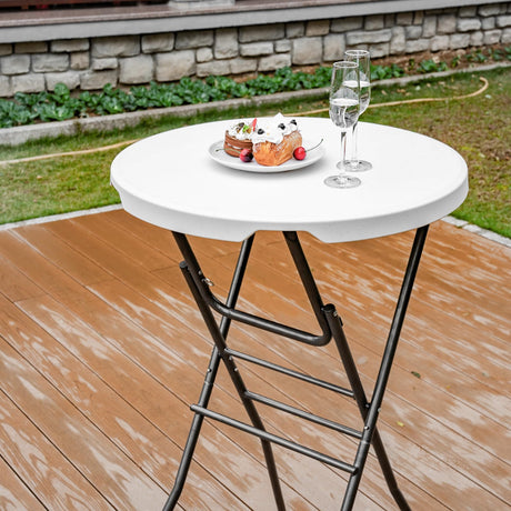 Cocktail Table 28in Portable Folding Bar Height Table, Compact Round High Top Plastic & Steel Bistro with Removable Legs, for Indoor Outdoor RV Patio Catering Parties Commercial Events pollilar