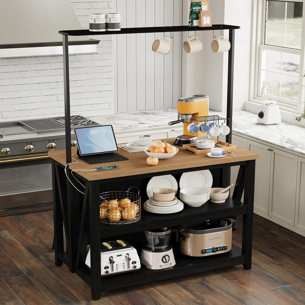 Wooden Kitchen Island with Power Outlet & LED Lights - Bakers Rack with Storage, Large Kitchen Island Table with 3 Tier Microwave Stand Oven Shelf, Coffee Bar Table with 6 Hooks LALFPET