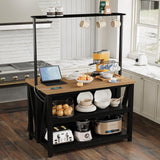 Wooden Kitchen Island with Power Outlet & LED Lights - Bakers Rack with Storage, Large Kitchen Island Table with 3 Tier Microwave Stand Oven Shelf, Coffee Bar Table with 6 Hooks LALFPET