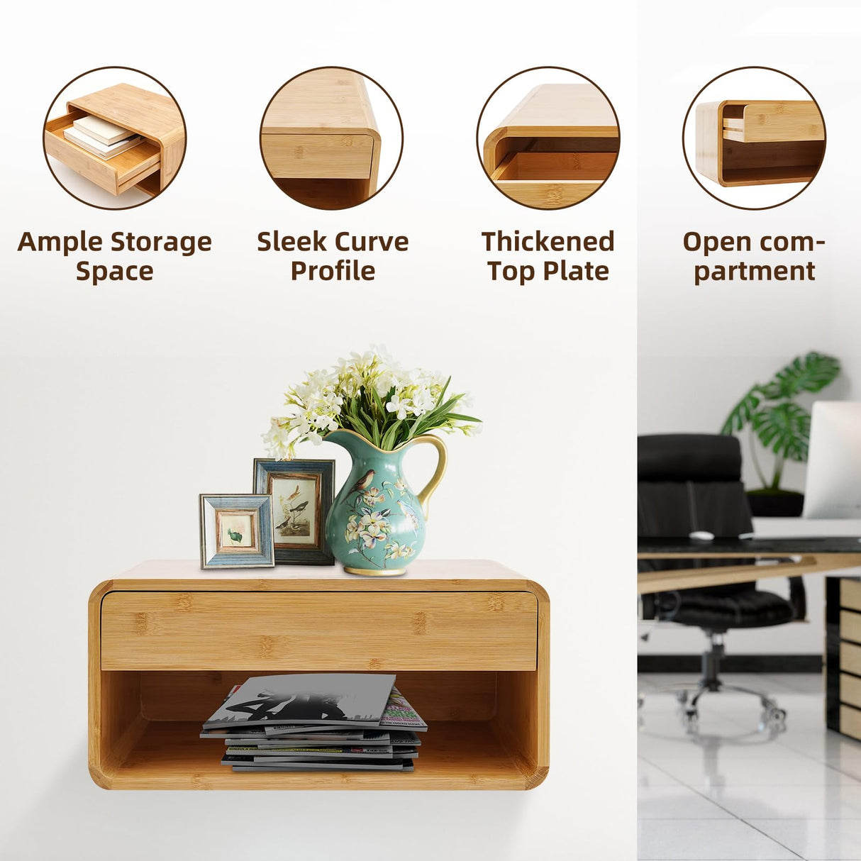 Peakora Bamboo Floating Nightstand with Storage Drawer Wall Mounted Bedside Table End Tables with Open Shelf Small Spaces Wall Mounted Shelf Storage Modern End Table for Bedroom, Natural Peakora