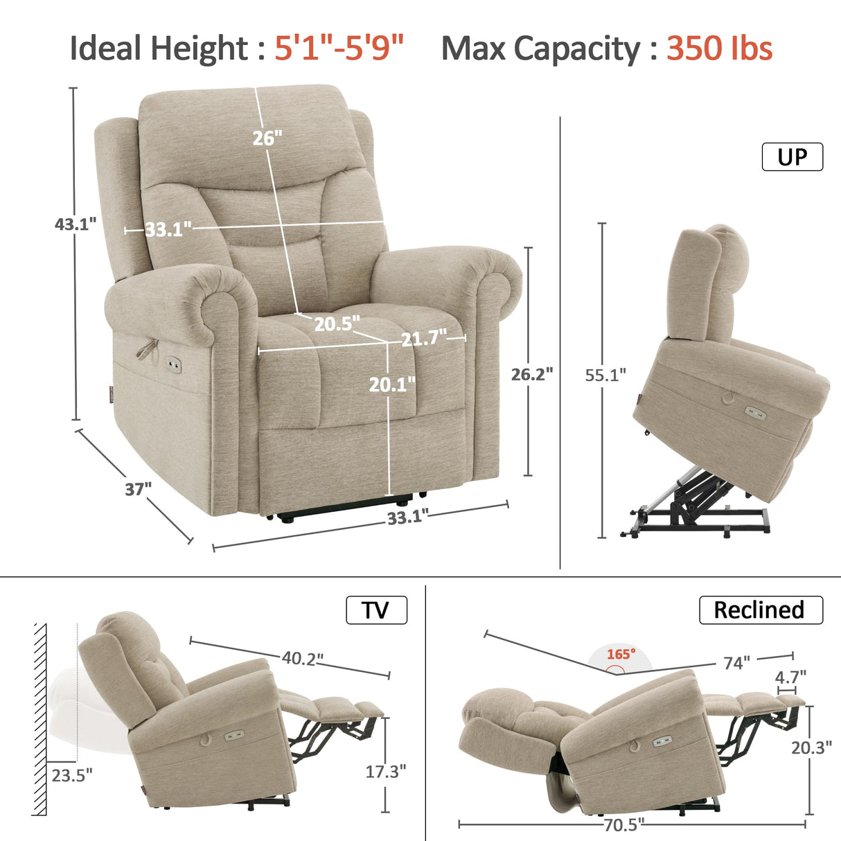 MCombo Triple Motor Power Lift Recliner Chair with Massage and Lumbar&seat Heating, Rolled Arms, Adjustable Headrest for Elderly People, Fabric 7888 (Beige, Medium) MCombo