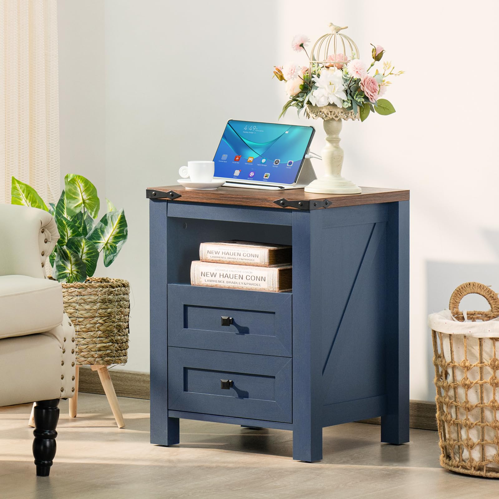 Joaxswe Nightstand with Charging Station, Farmhouse Night Stand with 2 Drawers and Shelf Storage, Blue Wooden Side End Table, Bedside Cabinet for Bedroom, Living Room, Closet,Office - WoodArtSupply