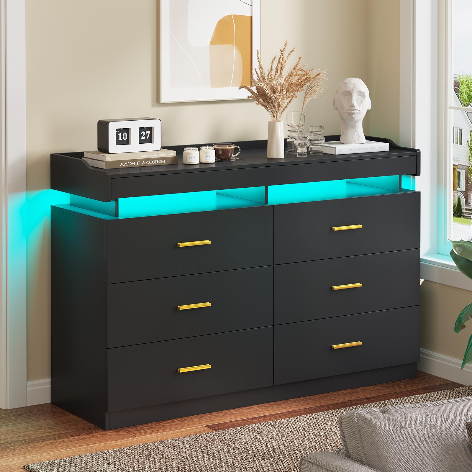 HAUOMS 6 Drawer Dresser with LED Lights,Dresser Chest of Drawers with 2 Pull-out Tray, Modern Double Wide Drawer Dresser Organizer Cabinet for Bedroom,Living Room,Entryway,Black - WoodArtSupply