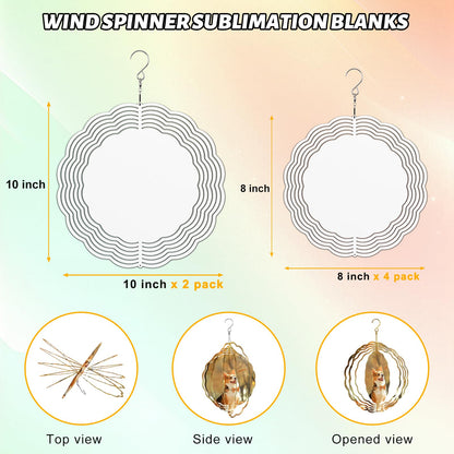 Remiawy Sublimation Wind Spinner Blanks, 6 Pack 10 Inch 3D Aluminum Metal Hanging Wind Spinners Sublimation Blanks Kinetic Sculpture DIY Crafts for Yard Garden Indoor Outdoor Porch Decoration Round