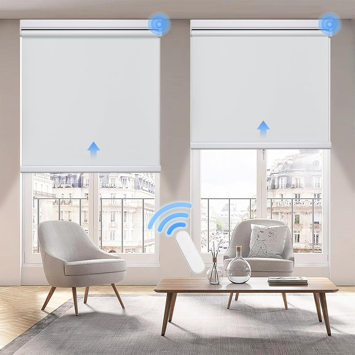 Grandekor Motorized Roller Shade with Remote Control,Motorized Blinds 100% Blackout Electric Shades, Cordless Window Blinds Shades for Bedroom Living Room Office,White,W34 xH72 Grandekor